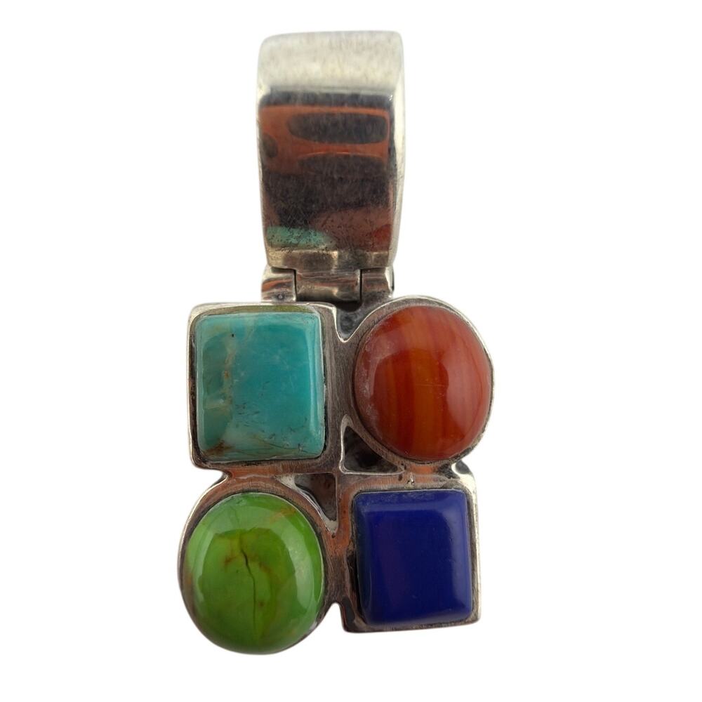 Vintage Sterling Silver Geometric Multi Gemstone Pendant Lapis Coral Turquoise